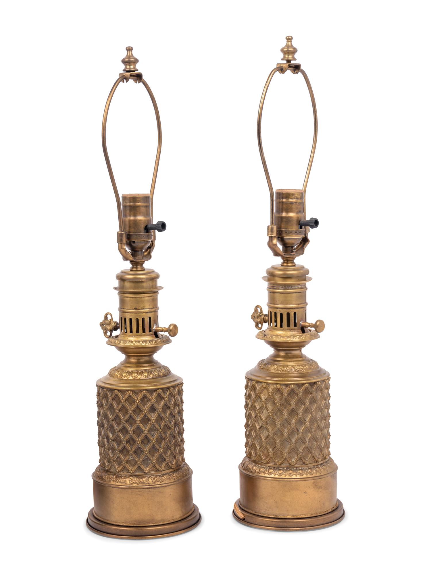 Two Pairs of French Gilt Metal Fluid Lamps Converted to Electricity