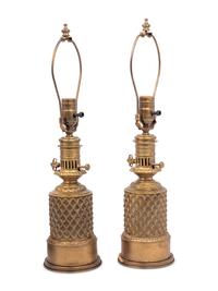 Two Pairs of French Gilt Metal Fluid Lamps Converted to Electricity