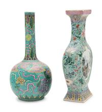 Two Chinese Turquoise Green Ground Famille Rose Porcelain Vases