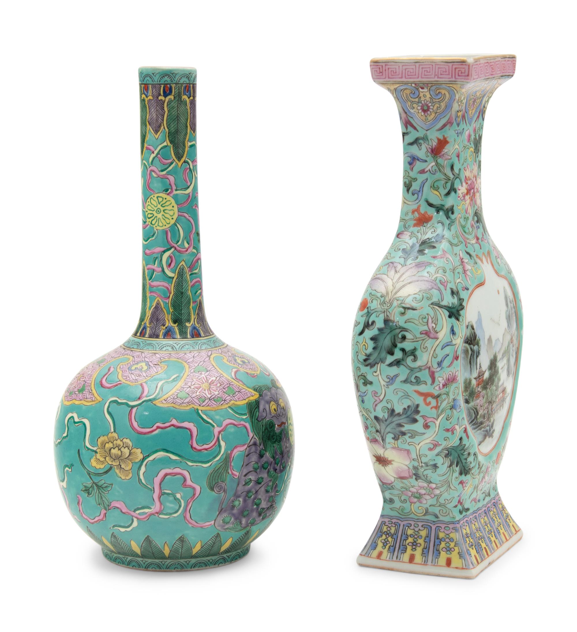 Two Chinese Turquoise Green Ground Famille Rose Porcelain Vases