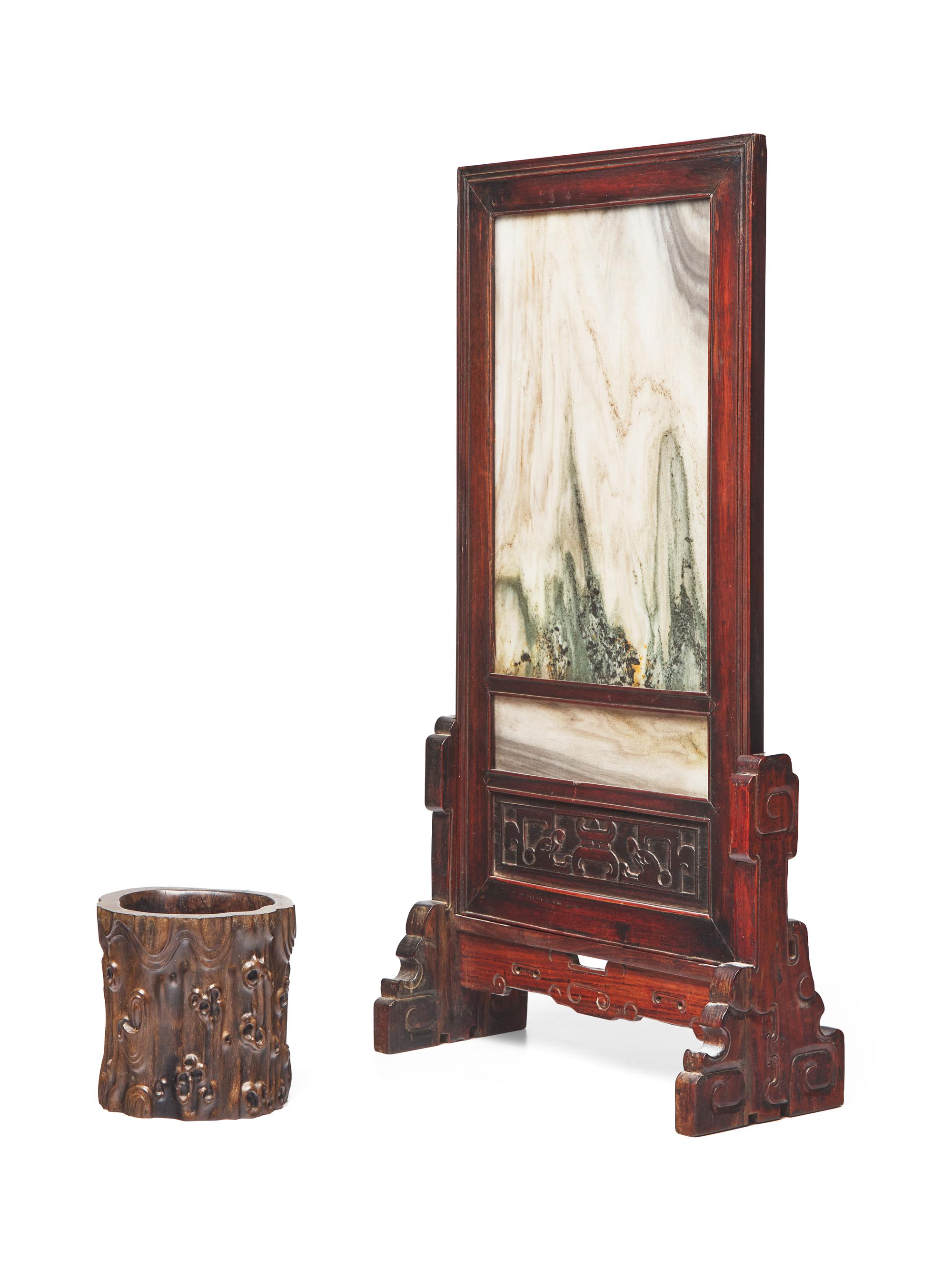 A Chinese Burlwood Brushpot, Bitong and A "Dreamstone" Inset Hardwood Table Screen