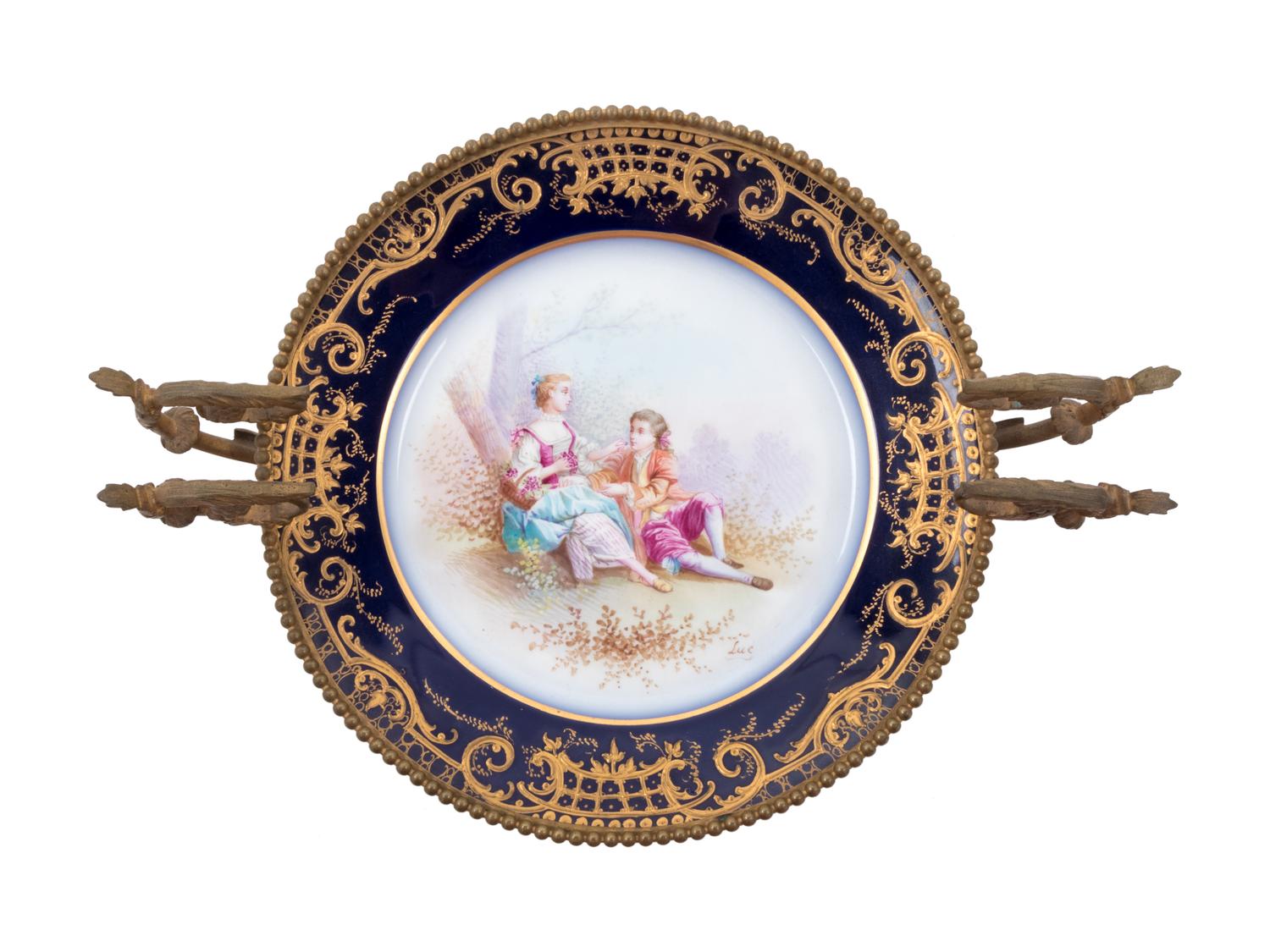 A Sèvres Style Bronze Mounted Painted and Parcel Gilt Porcelain Compote