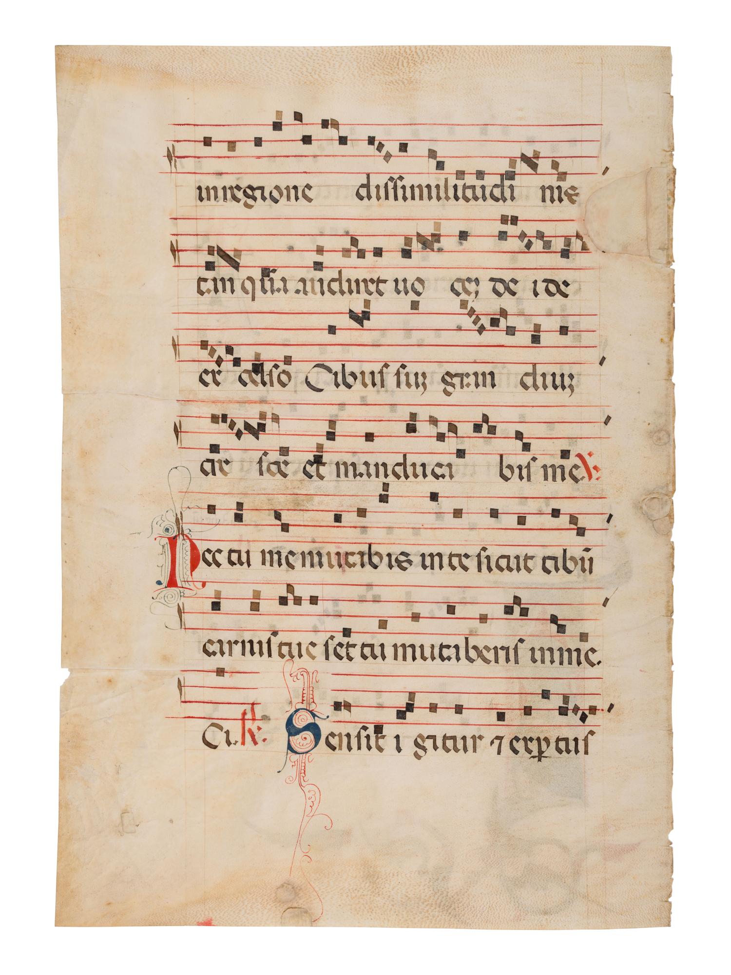 ANONYMOUS ITALIAN ARTIST A leaf from an Antiphonary, with an historiated initial ‘I’ of St. Augustine, in Latin, illuminated manuscript on parchment [Italy, Emilia-Romagna, c. 1300]