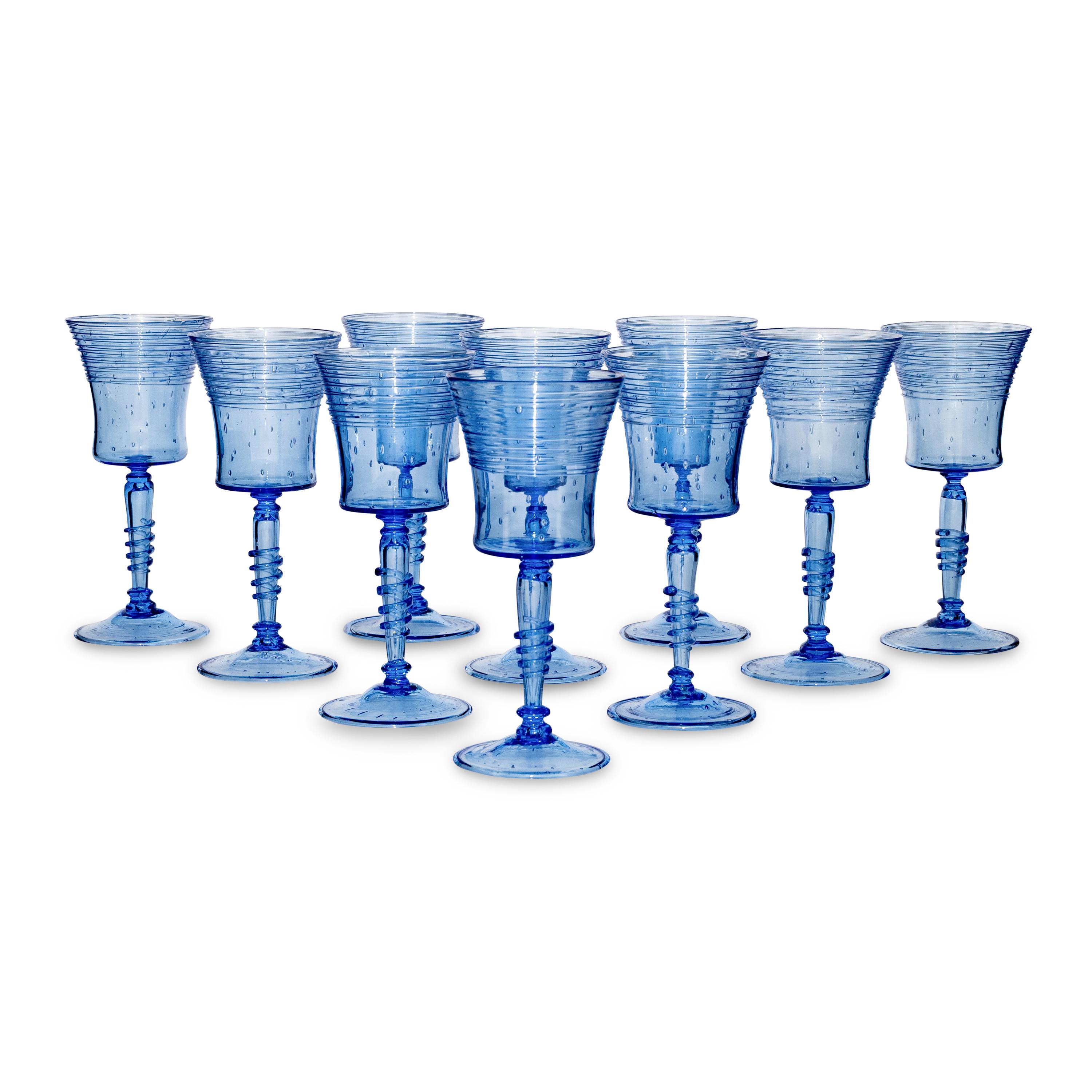 A Set of Ten Steuben Threaded Glass Wine Stems