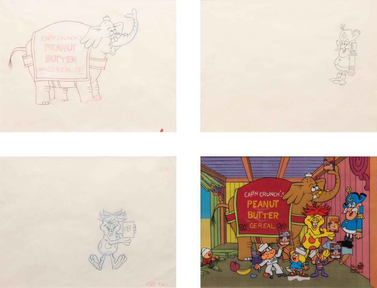 Cap'n Crunch TV Commercial Production Cel and 3 Animation Drawings.