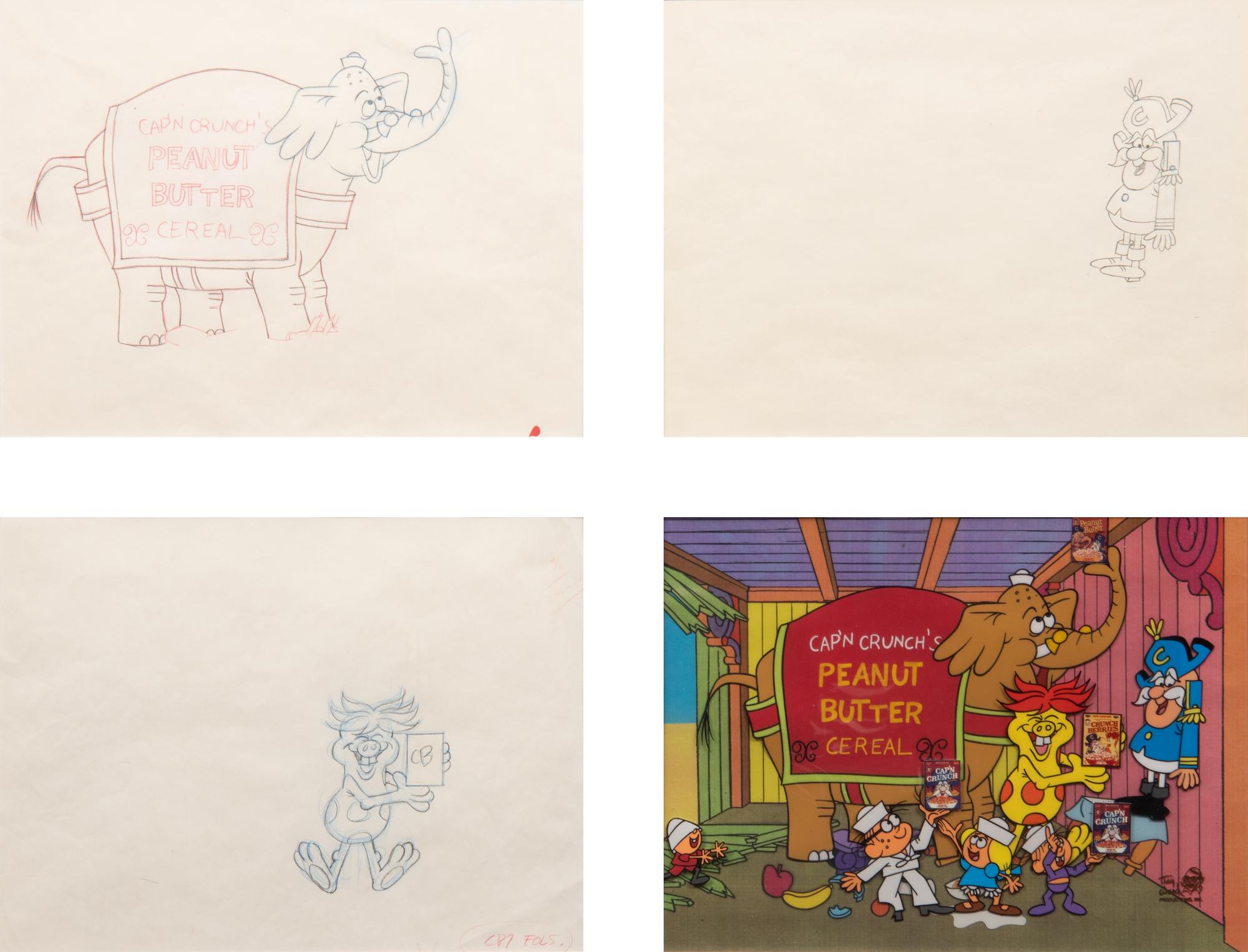 Cap'n Crunch TV Commercial Production Cel and 3 Animation Drawings.
