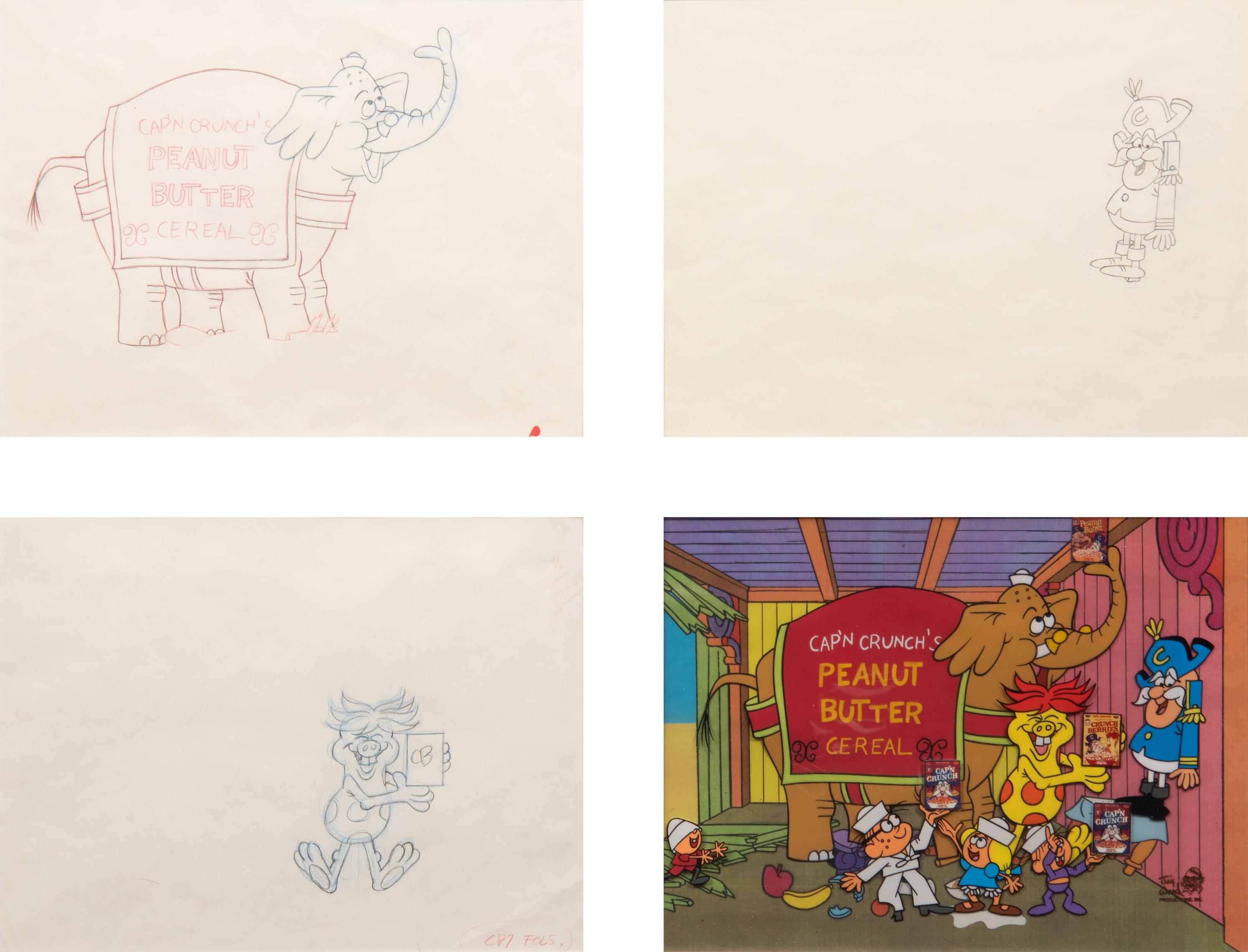 Cap'n Crunch TV Commercial Production Cel and 3 Animation Drawings.