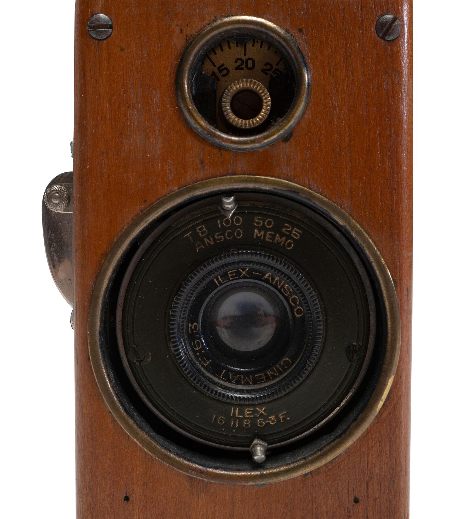 [EARLY PHOTOGRAPHY]. Ansco Memo camera with polished wooden body.