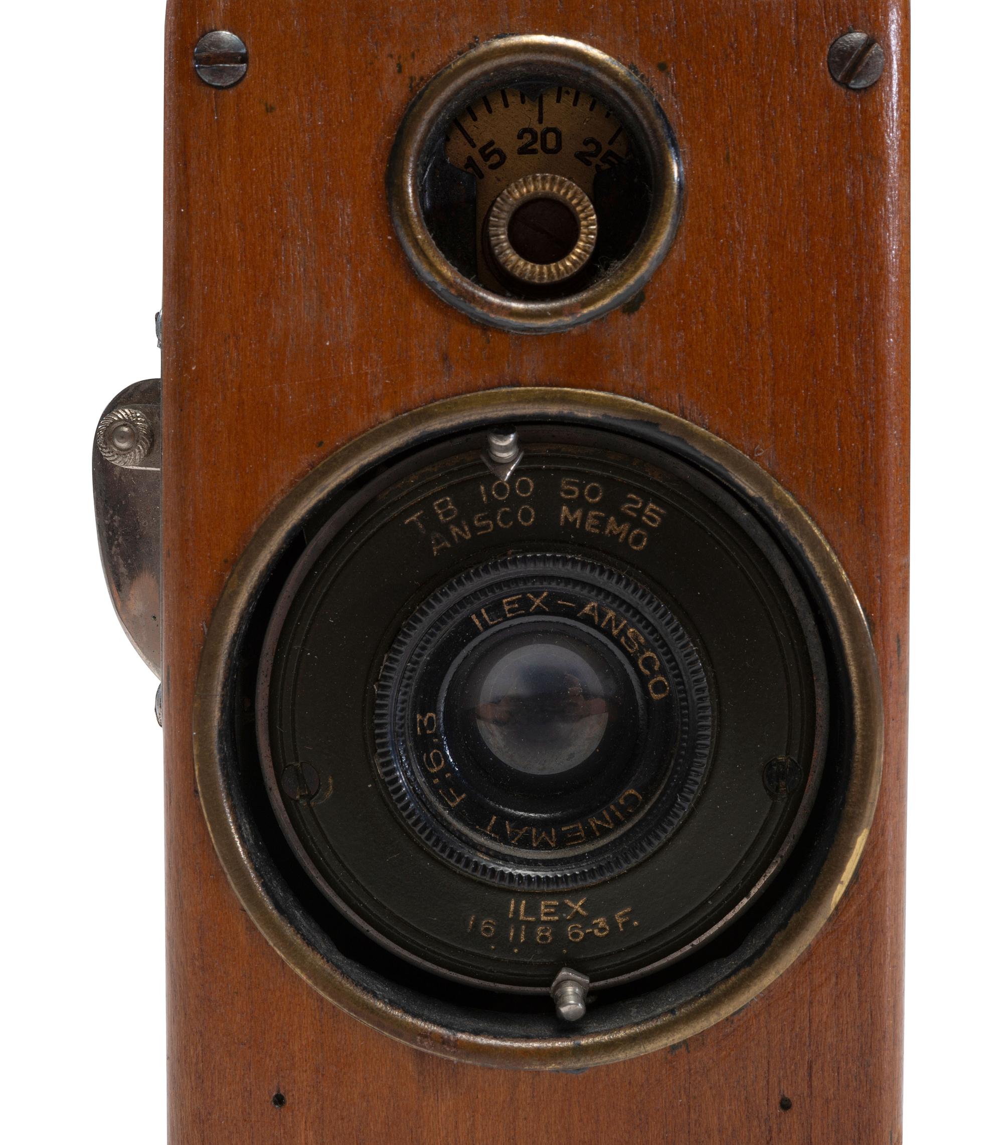 [EARLY PHOTOGRAPHY]. Ansco Memo camera with polished wooden body.