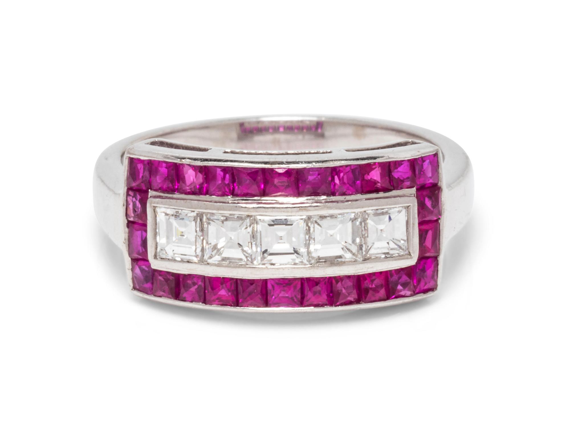 An 18 Karat White Gold, Diamond and Ruby Ring,
