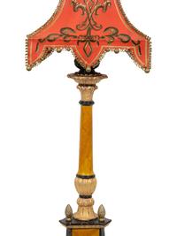 A Painted Pricket Form Table Lamp with Tole Peinte Shade