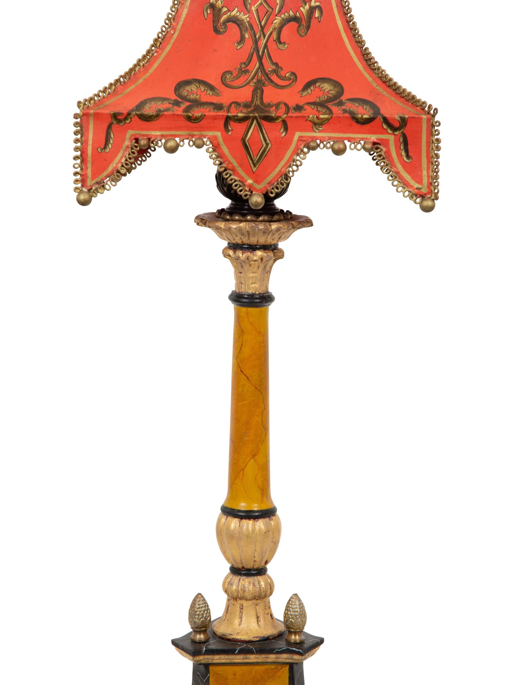 A Painted Pricket Form Table Lamp with Tole Peinte Shade