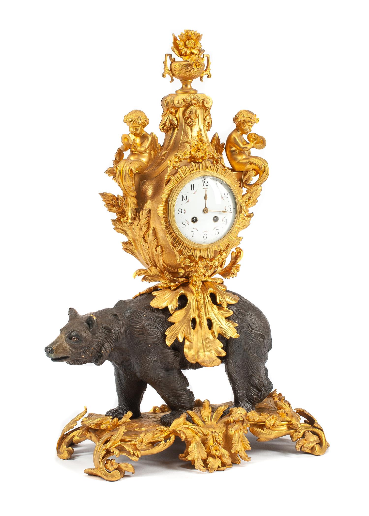 A Louis XV Style Gilt and Patinated Bronze Figural Clock Height 29 1/4 inches. — 19TH CENTURY, MOVEMENT BY JAPY FRERES