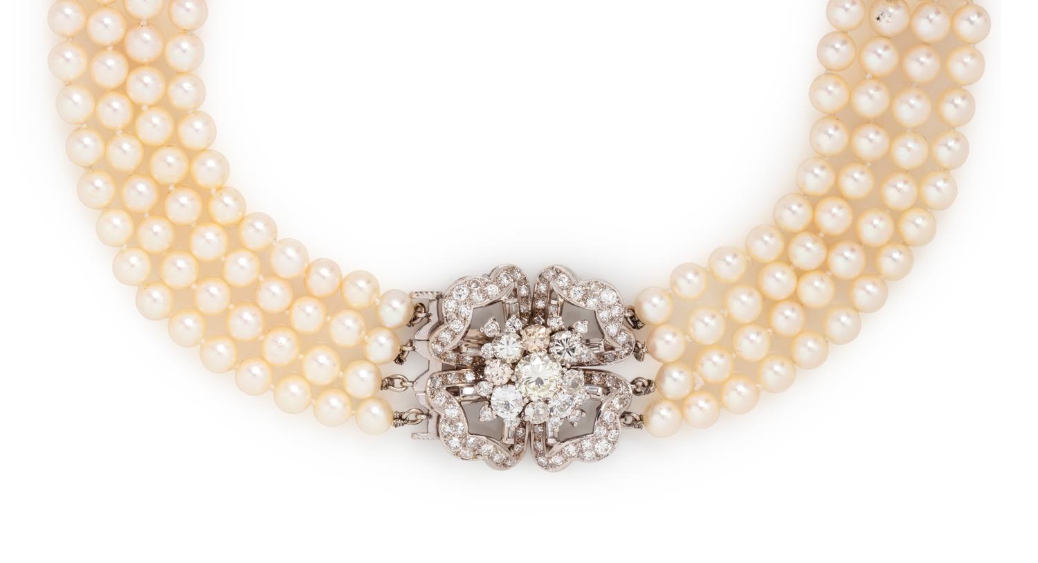 CULTURED PEARL AND DIAMOND MULTISTRAND NECKLACE