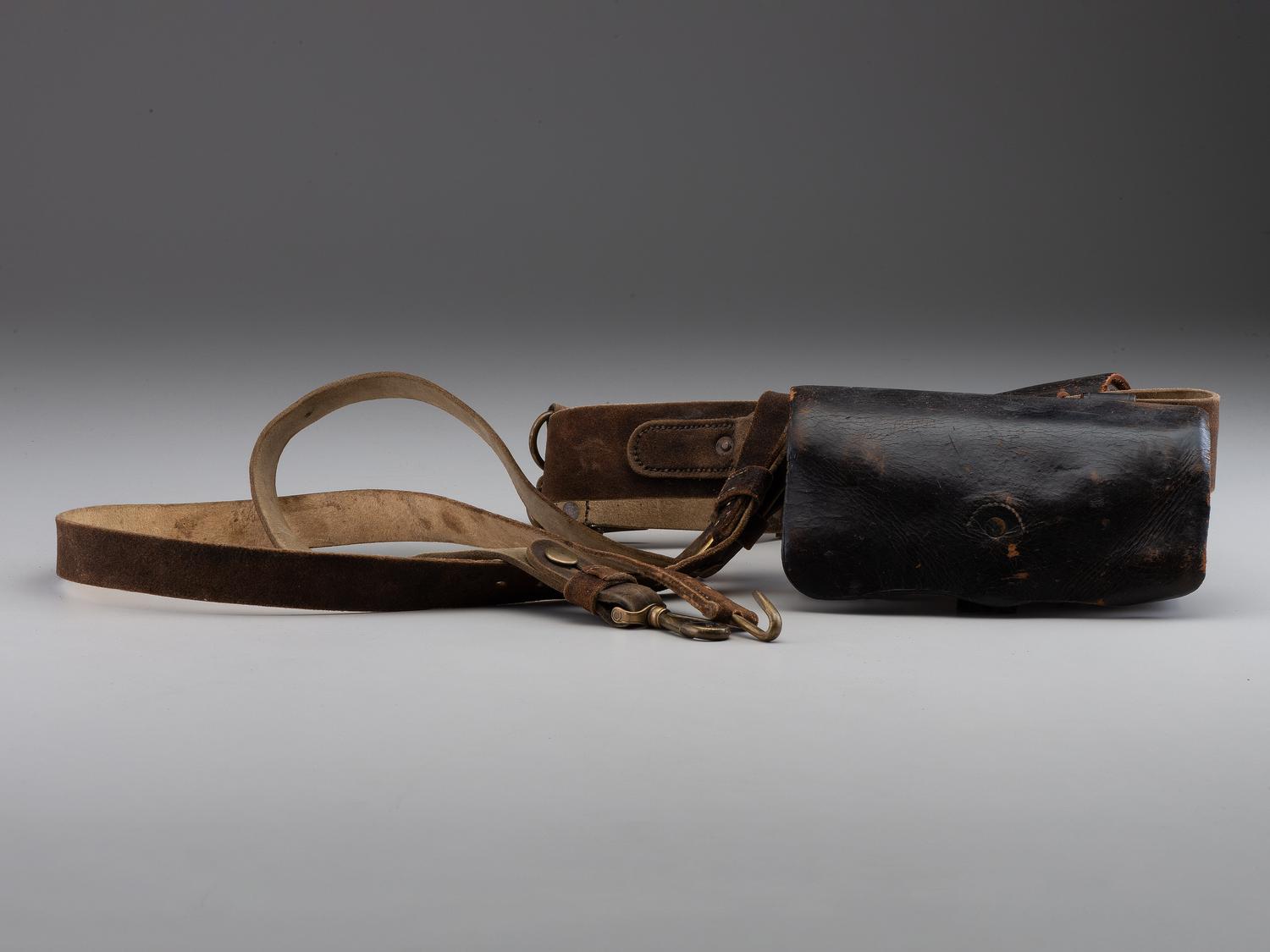 [CIVIL WAR]. Model 1851 cavalry sabre belt by W. Kinsey retaining shoulder strap and equipped with Model 1851 enlisted sword belt plate, maker marked cartridge box, and maker marked cap pouch.