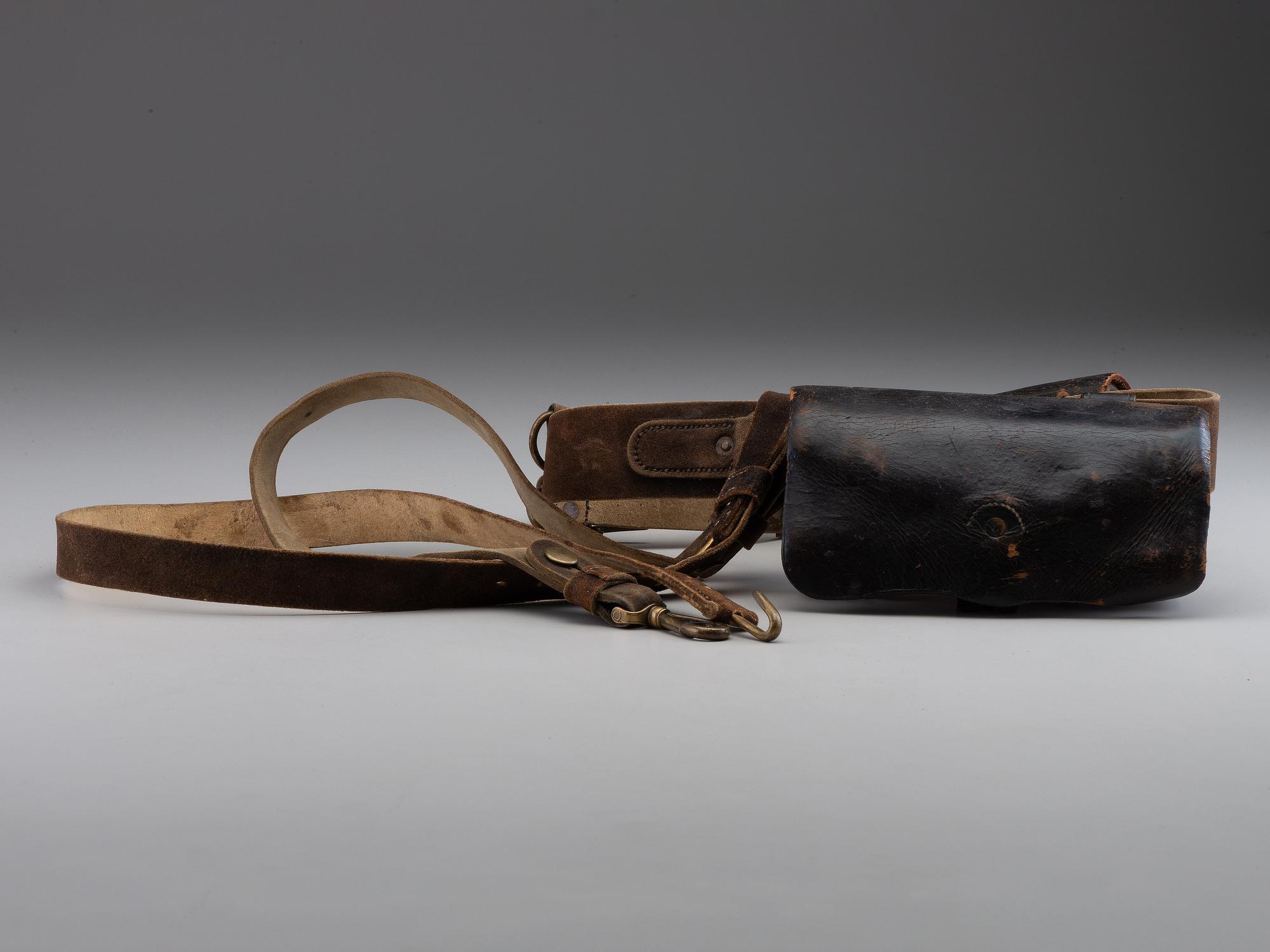 [CIVIL WAR]. Model 1851 cavalry sabre belt by W. Kinsey retaining shoulder strap and equipped with Model 1851 enlisted sword belt plate, maker marked cartridge box, and maker marked cap pouch.
