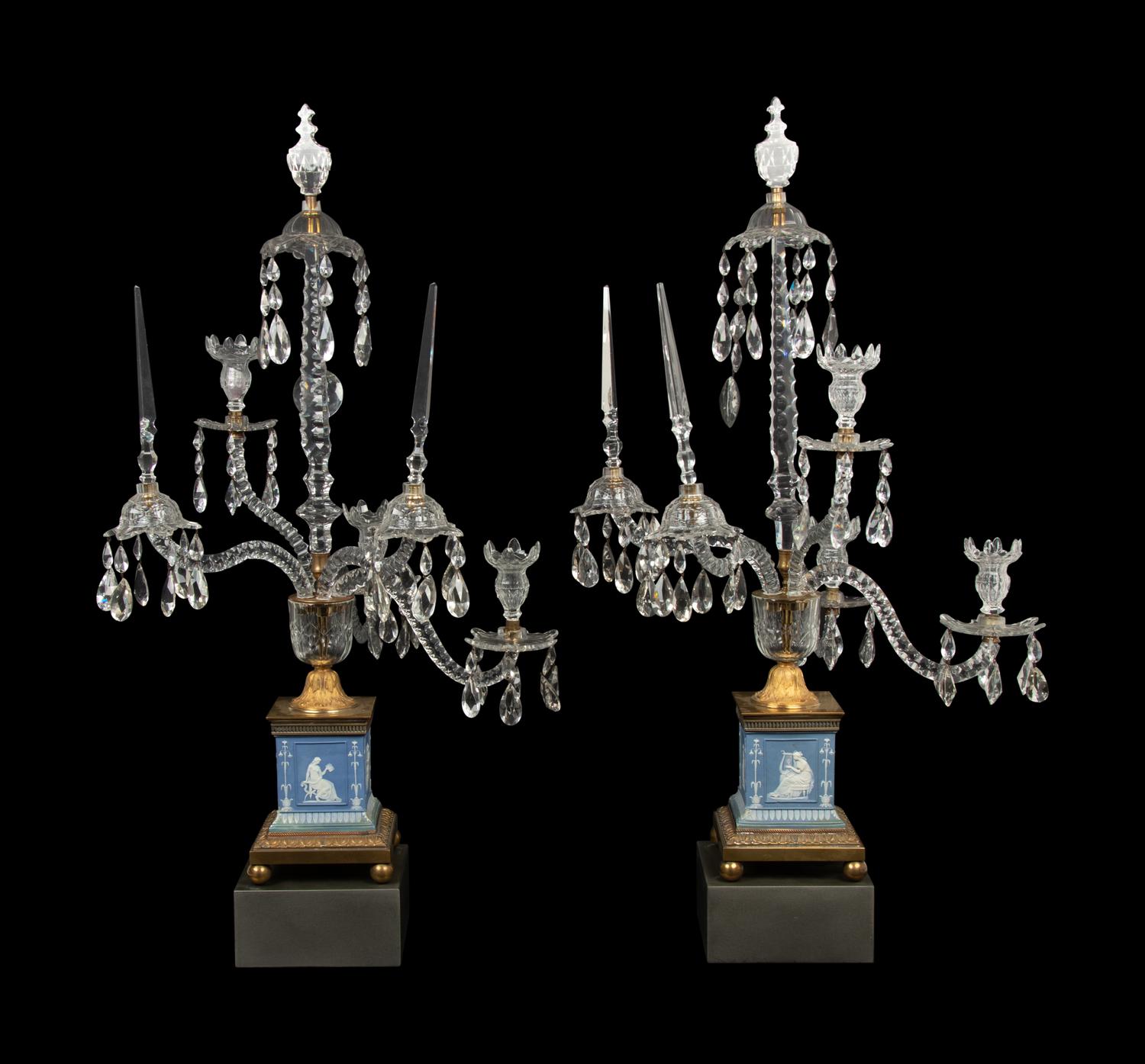 A Pair of George III Style Gilt Bronze Mounted Jasperware and Cut Glass Five-Arm Girandoles