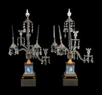 A Pair of George III Style Gilt Bronze Mounted Jasperware and Cut Glass Five-Arm Girandoles