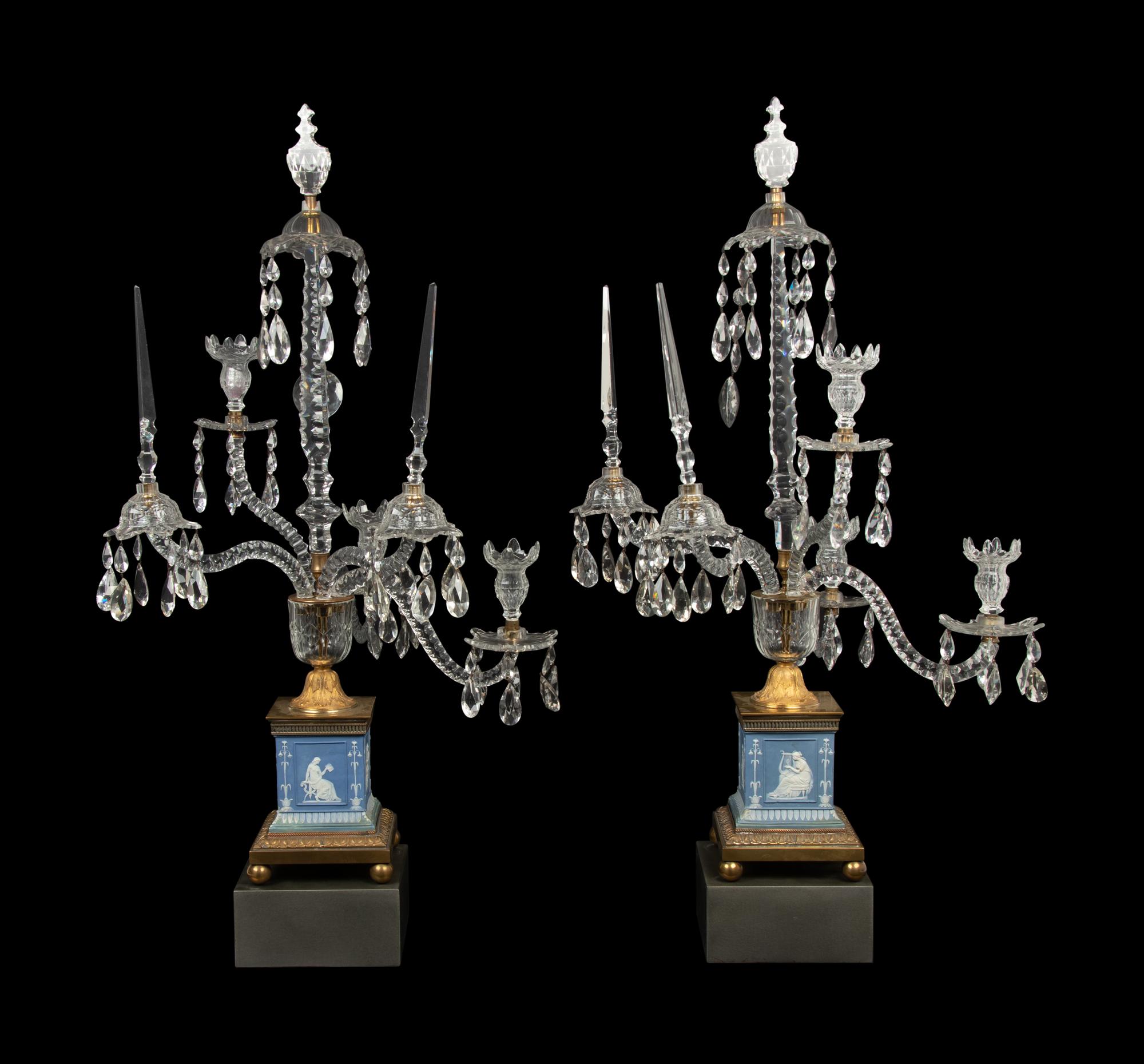 A Pair of George III Style Gilt Bronze Mounted Jasperware and Cut Glass Five-Arm Girandoles