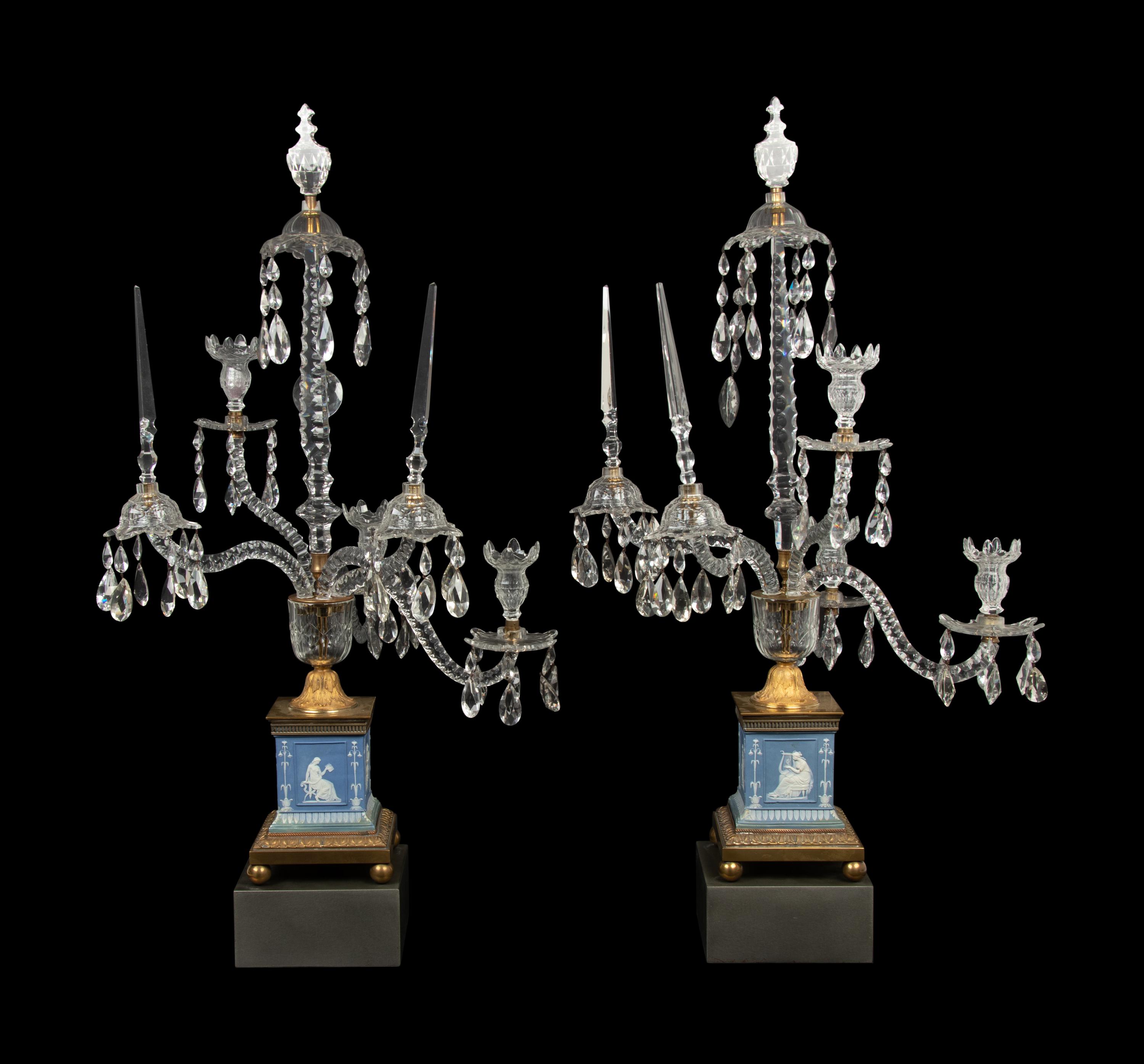 A Pair of George III Style Gilt Bronze Mounted Jasperware and Cut Glass Five-Arm Girandoles