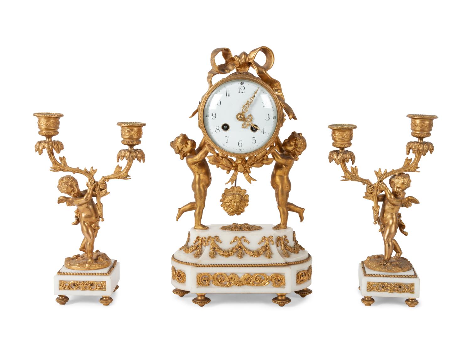French Gilt Bronze and Marble Clock Garniture