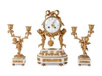 French Gilt Bronze and Marble Clock Garniture