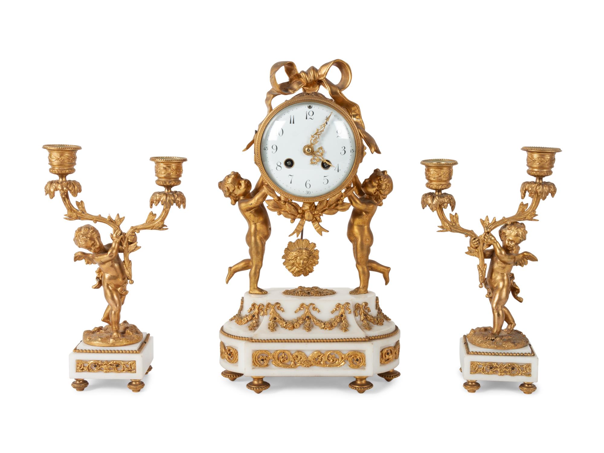 French Gilt Bronze and Marble Clock Garniture
