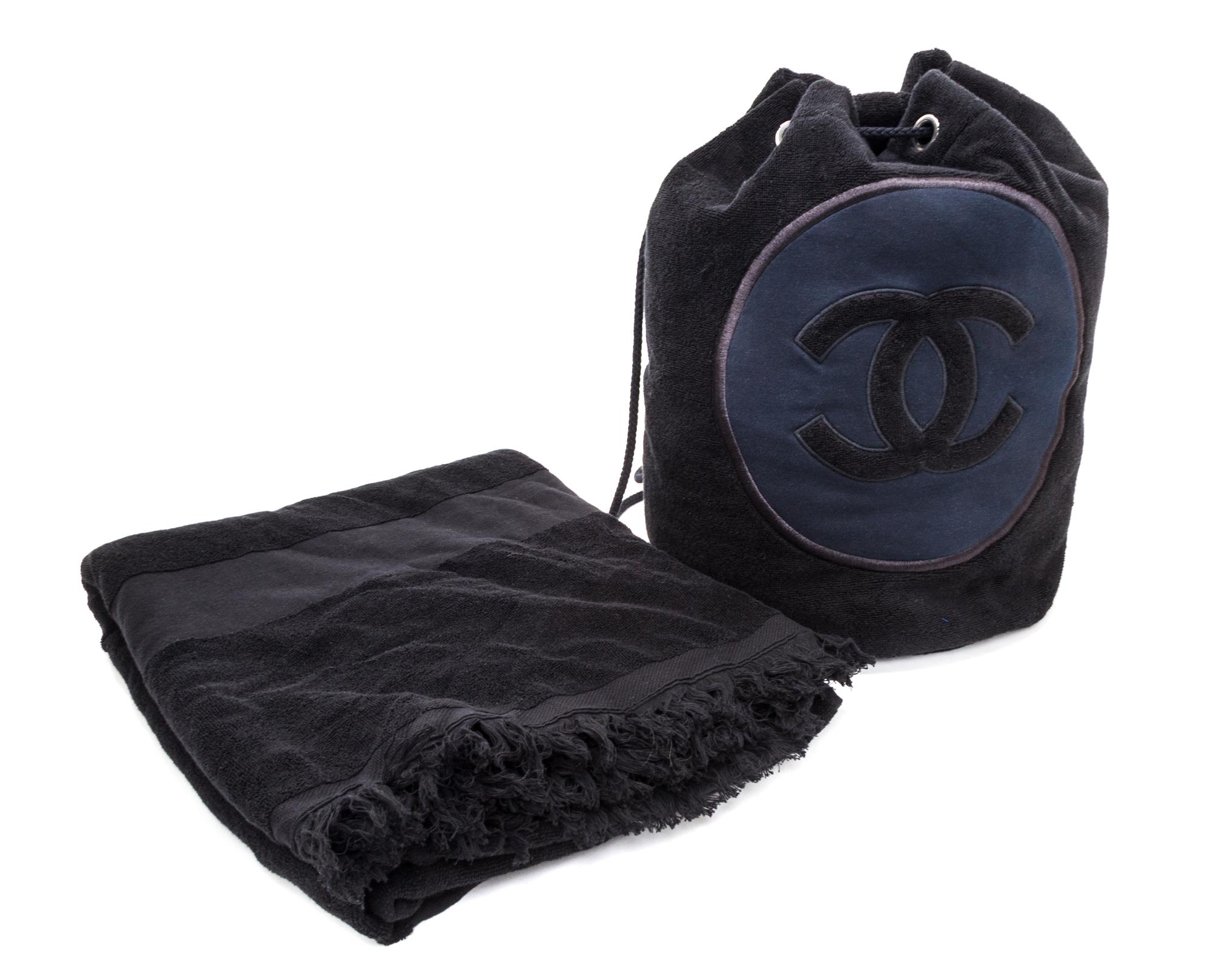 A Chanel Black Terry Cloth Drawstring Pool Bag, 18" x 18".