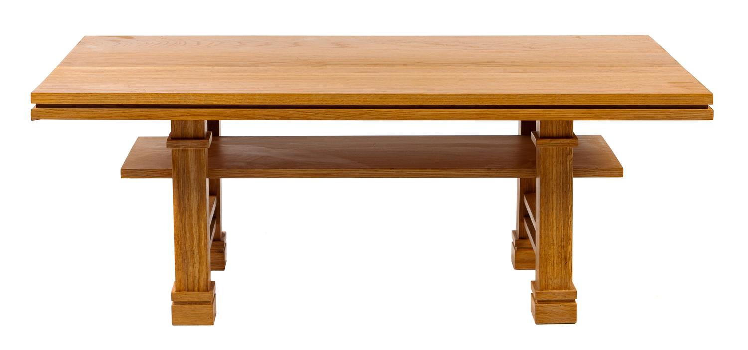 A Contemporary Low Oak Table, after Frank Lloyd Wright Height 15 x width 38 x depth 22 inches. — LATE 20TH CENTURY