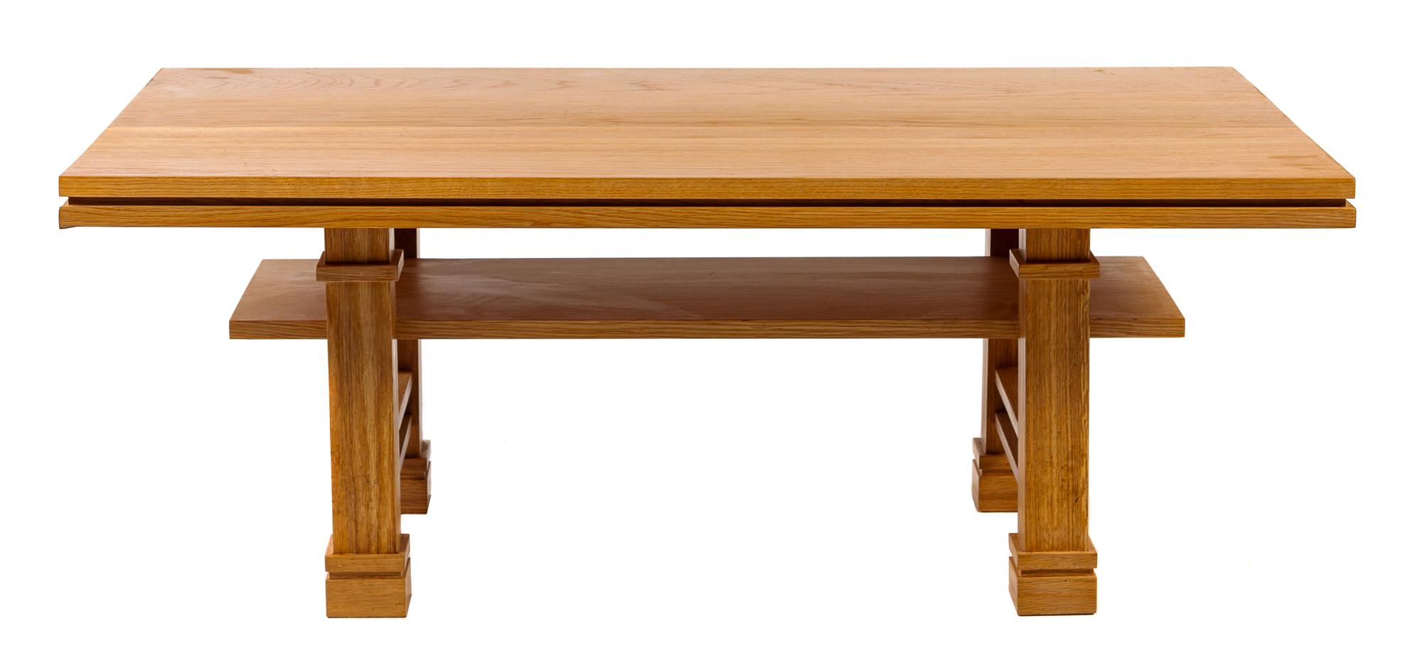 A Contemporary Low Oak Table, after Frank Lloyd Wright Height 15 x width 38 x depth 22 inches. — LATE 20TH CENTURY