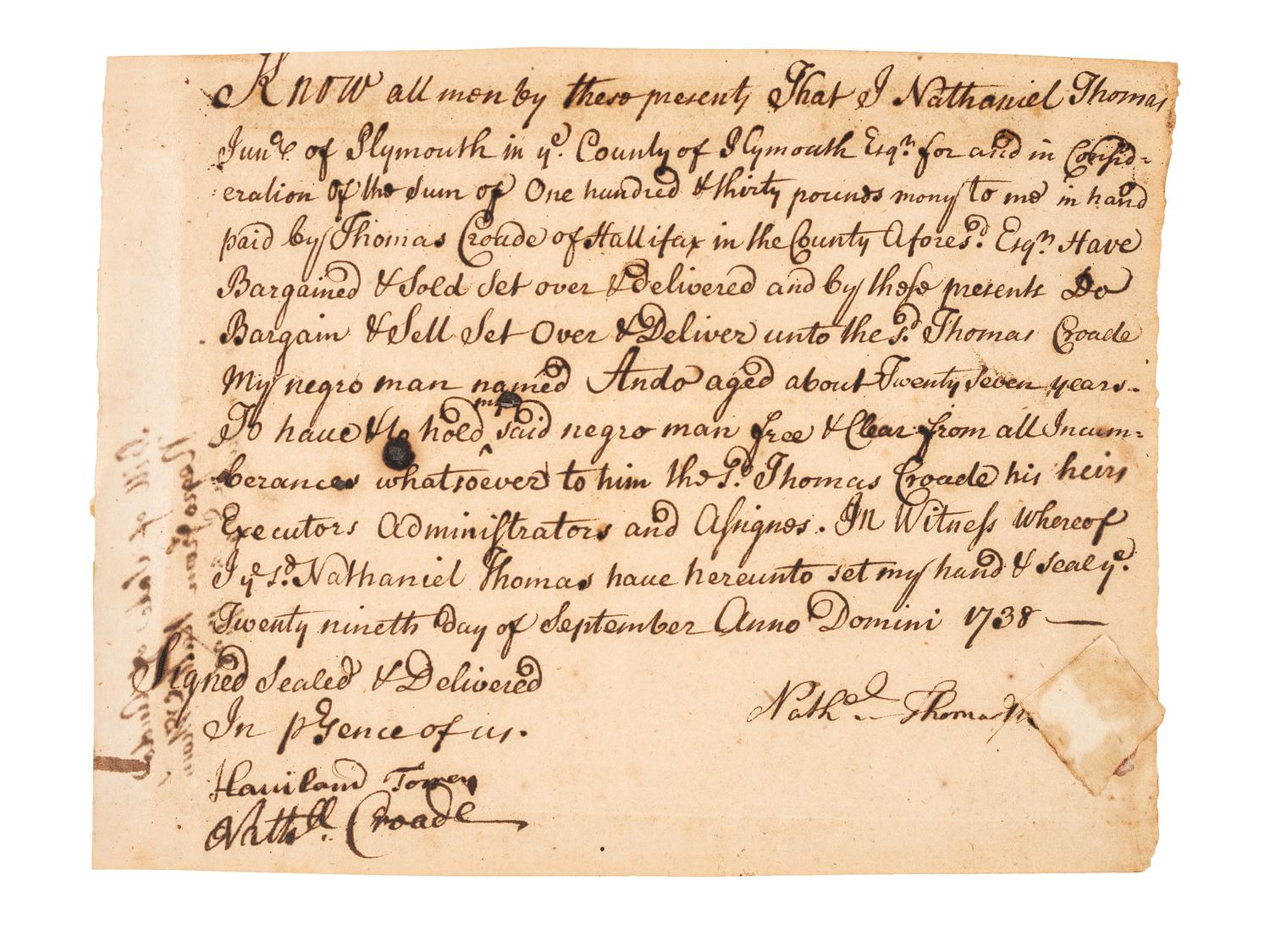 [SLAVERY & ABOLITION]. Manuscript bill of sale for an enslaved man named "Ando." Plymouth, MA, 29 September 1738.