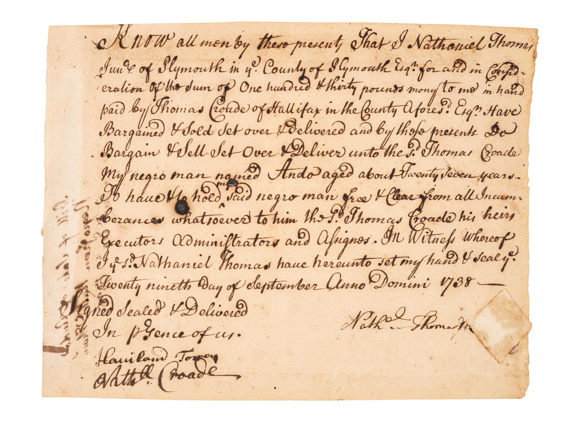 [SLAVERY & ABOLITION]. Manuscript bill of sale for an enslaved man named "Ando." Plymouth, MA, 29 September 1738.