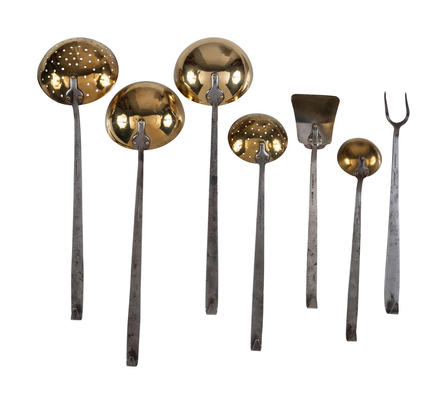 Seven American Brass and Wrought Iron Cooking Utensils