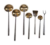 Seven American Brass and Wrought Iron Cooking Utensils