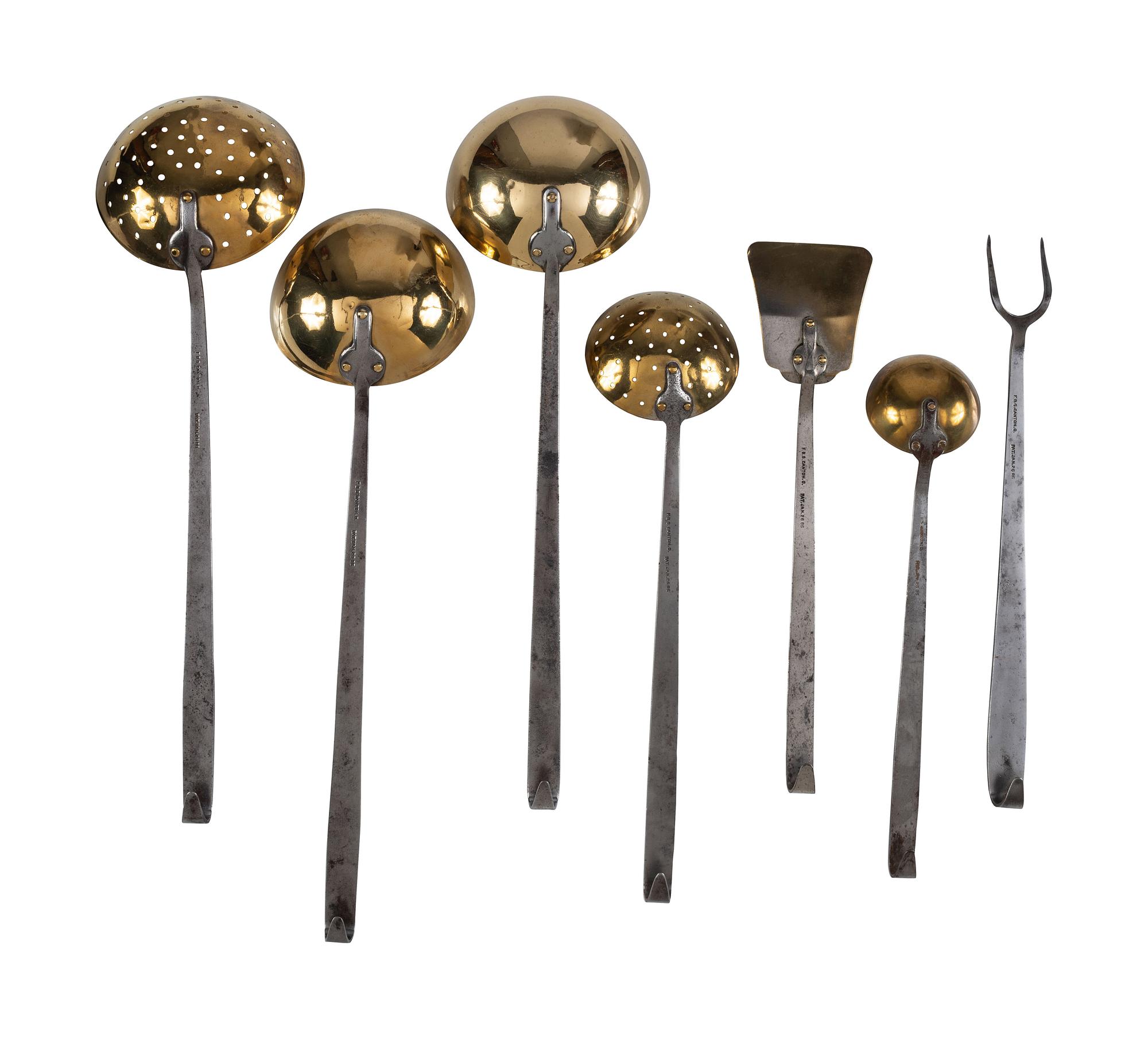 Seven American Brass and Wrought Iron Cooking Utensils
