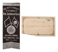 [CIVIL WAR]. DAVIS, Jefferson (1808-1889). Autographed card ("Jefferson Davis"). [ With: ] Silk ribbon created for the Re-Interment of the remains of Jefferson Davis.