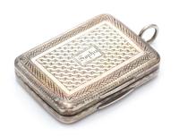 A George III Silver Vinaigrette, Samuel Pemberton, Birmingham, 1786, having a geometric decorated lid centered by an engraved cartouche