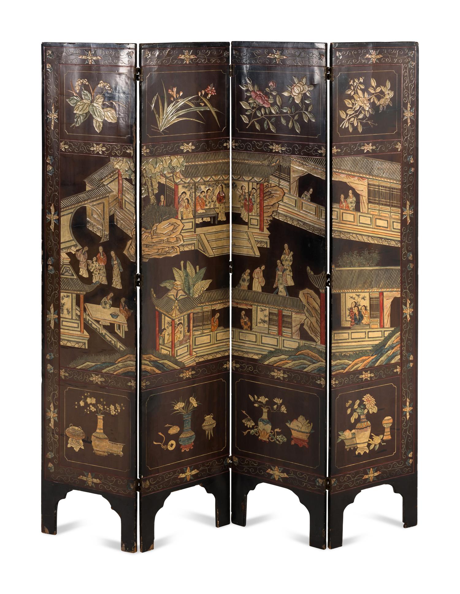 A Chinese Export Lacquer Four-Panel Floor Screen