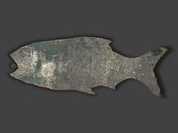A Painted Sheet Tin Fish-Form Bait and Tackle Store Sign