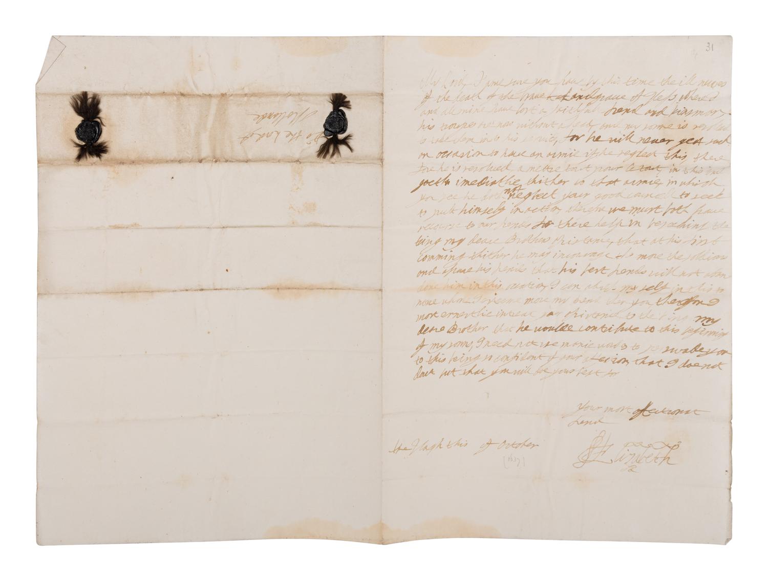 [ENGLISH & CONTINENTAL MANUSCRIPTS]. STUART, Elizabeth (1596-1662). Autograph letter signed (“Elizabeth”), to Henry Rich. The Hague, October [1637].
