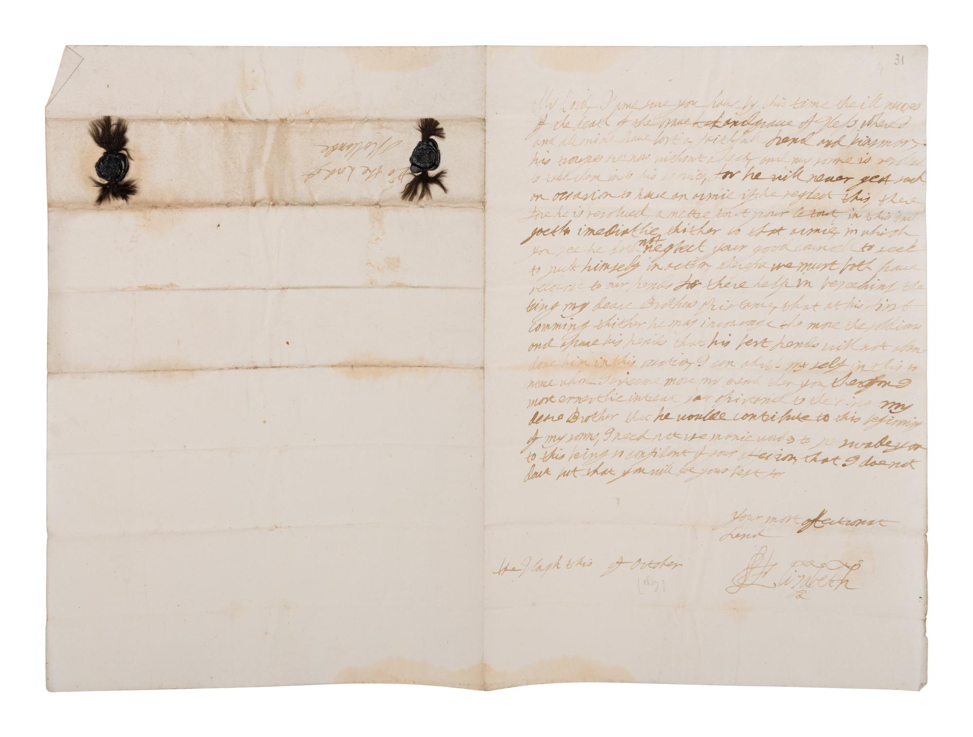 [ENGLISH & CONTINENTAL MANUSCRIPTS]. STUART, Elizabeth (1596-1662). Autograph letter signed (“Elizabeth”), to Henry Rich. The Hague, October [1637].