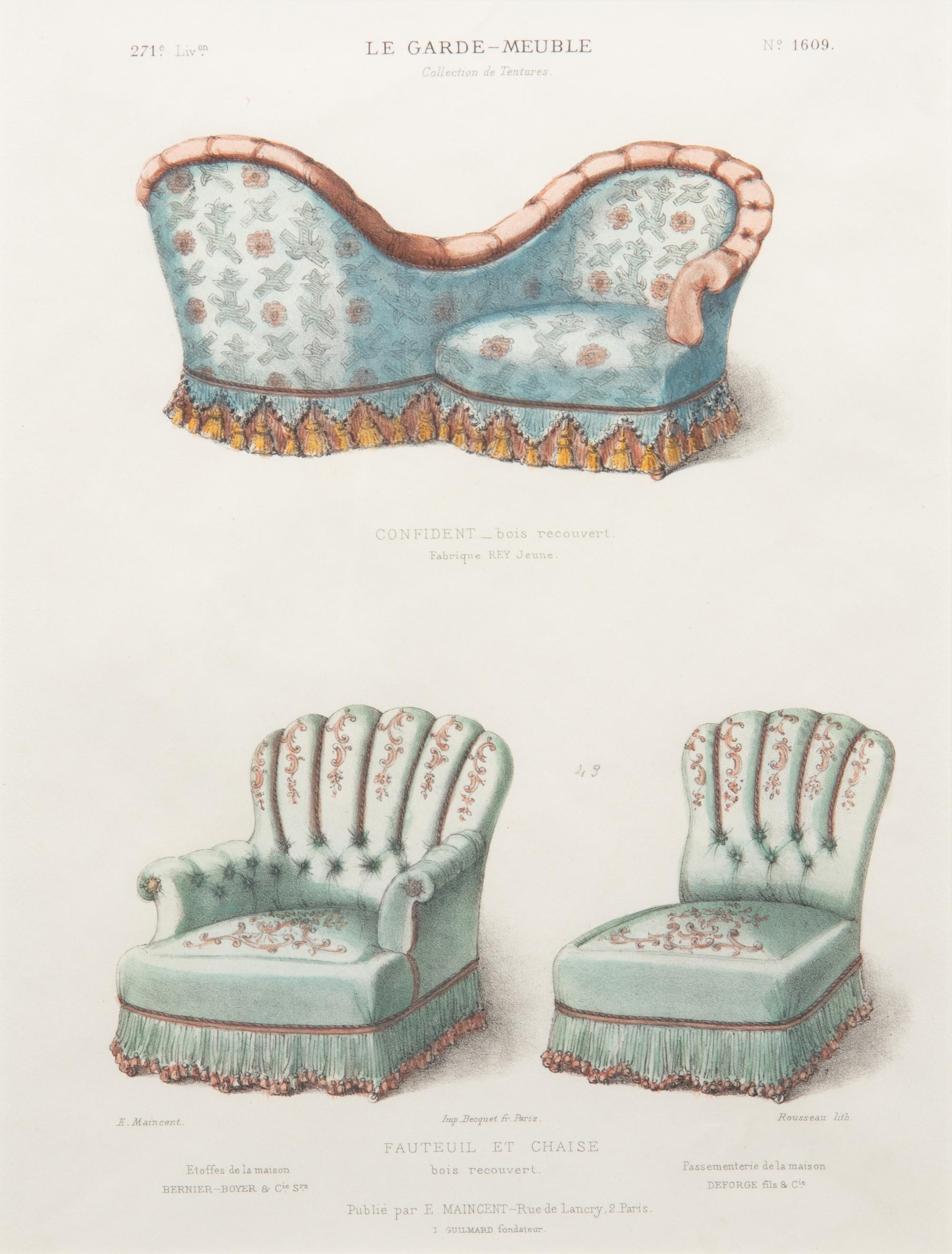 A Set of Eleven Giltwood-Framed French Colored Furniture Engravings