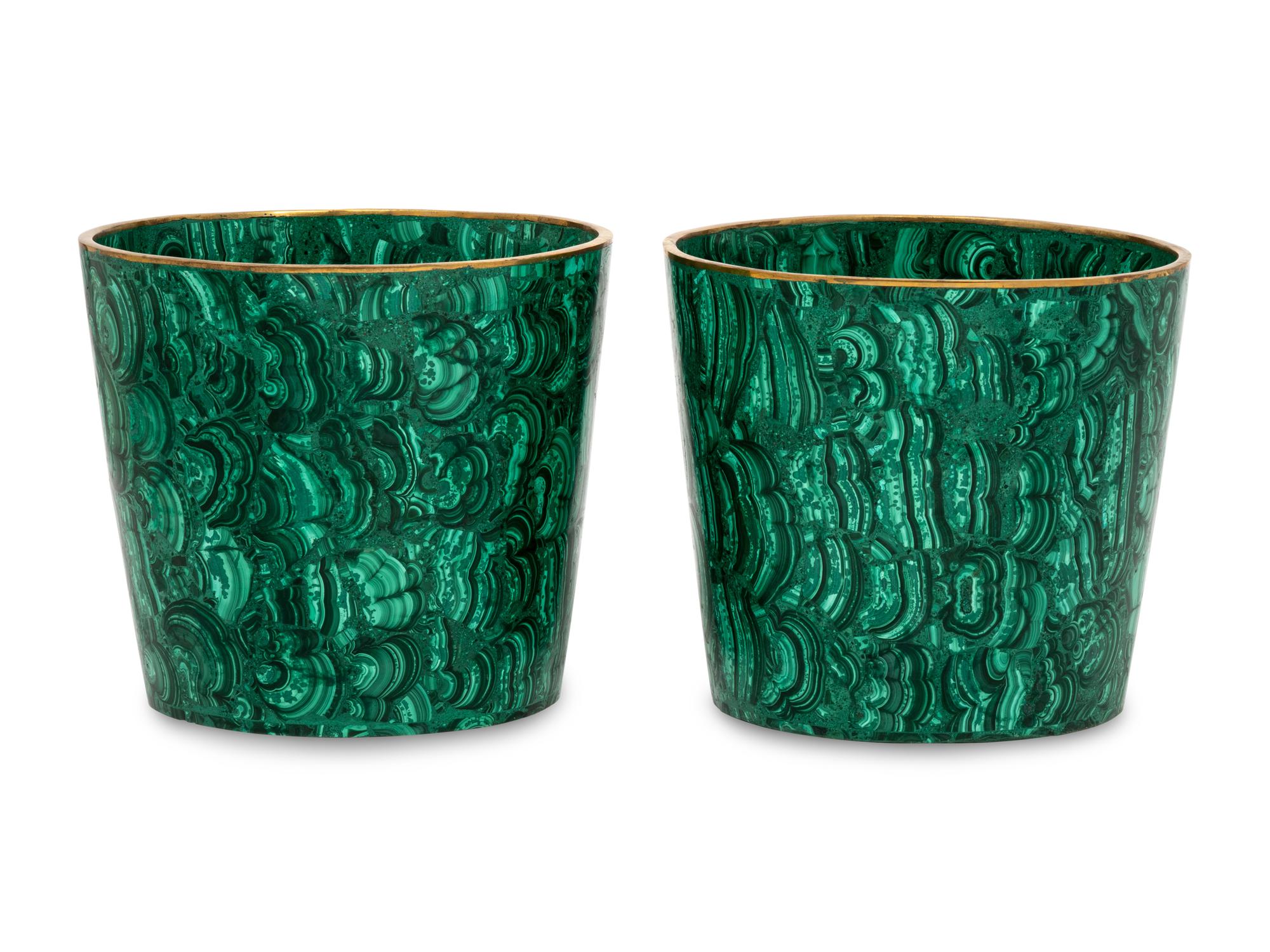 A Pair of Bronze Mounted Malachite Cache Pots