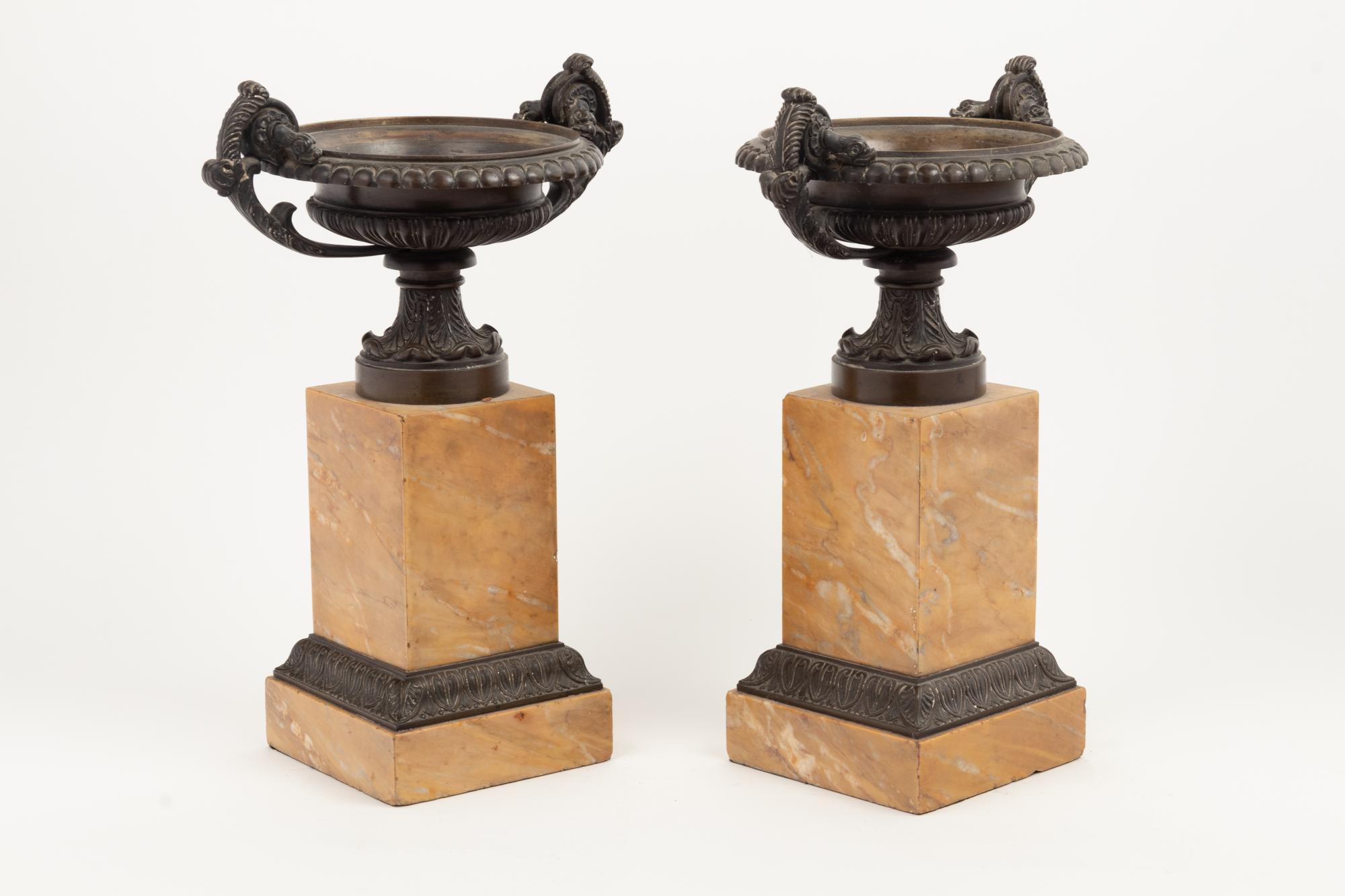 A Pair of Grand Tour Bronze Tazze On Marble Bases