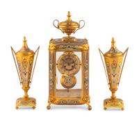 An English Champlevé Enamel and Gilt Bronze Clock Garniture