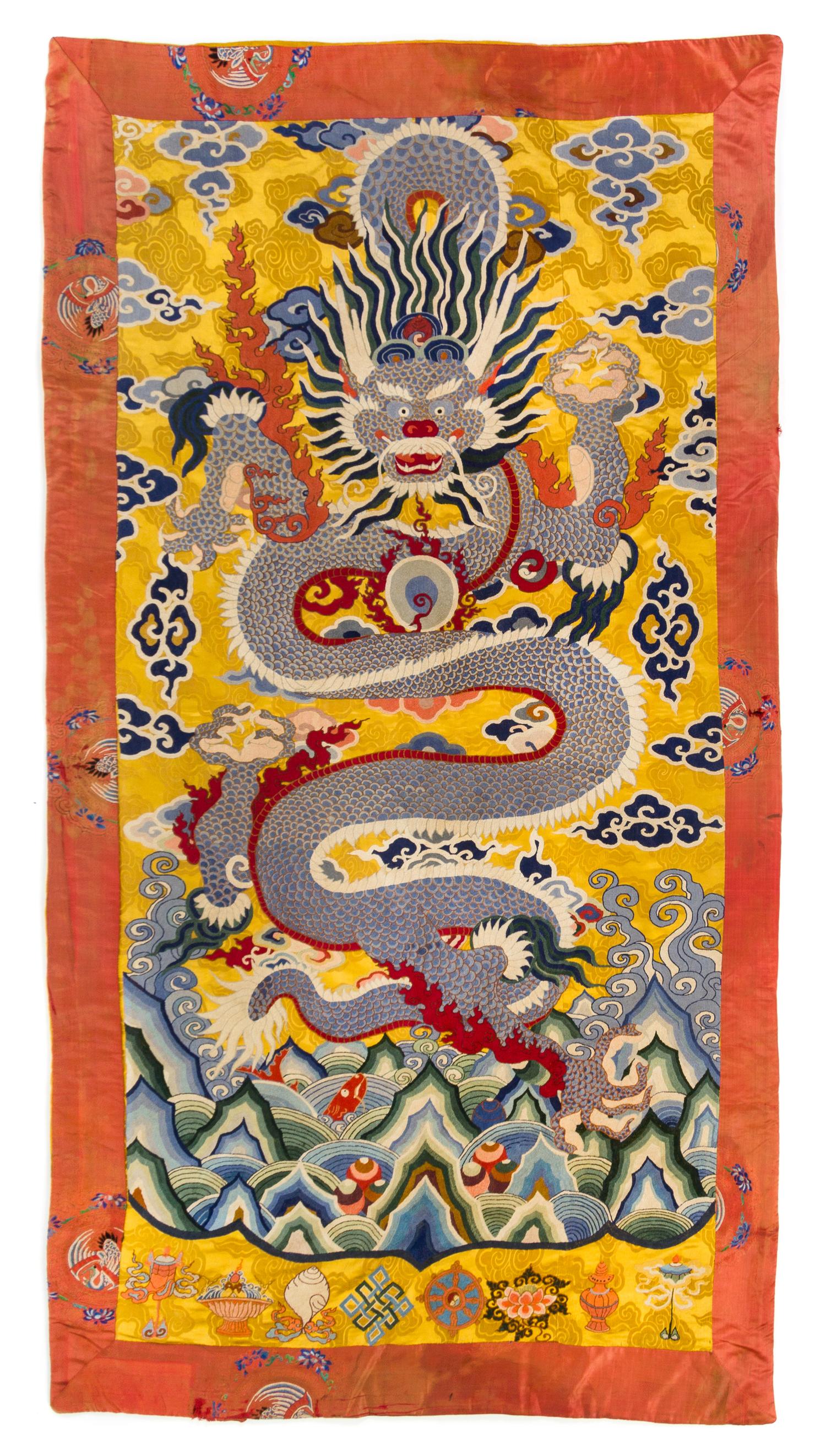 A Large Chinese Embroidered Silk Rectangular Panel QING DYNASTY 85 1/2 x 47 inches. — QING DYNASTY