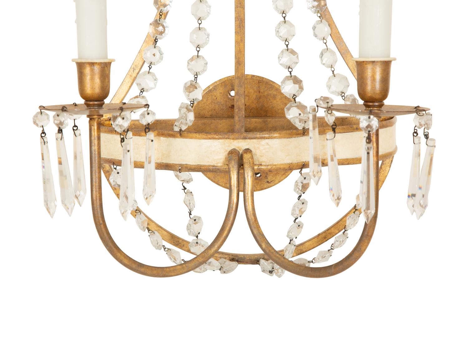A Pair of Swedish Parcel Gilt Two-Light Sconces with Cut Glass Beaded Swags