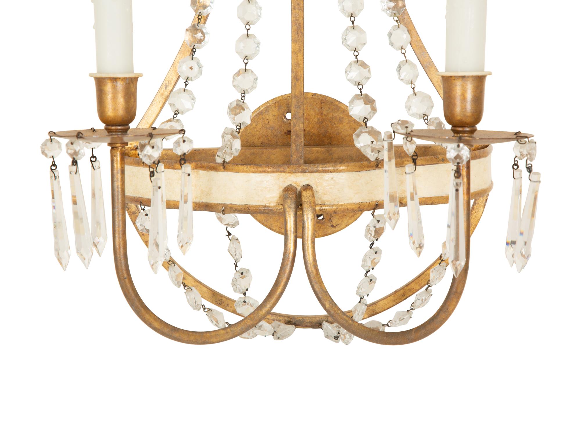 A Pair of Swedish Parcel Gilt Two-Light Sconces with Cut Glass Beaded Swags