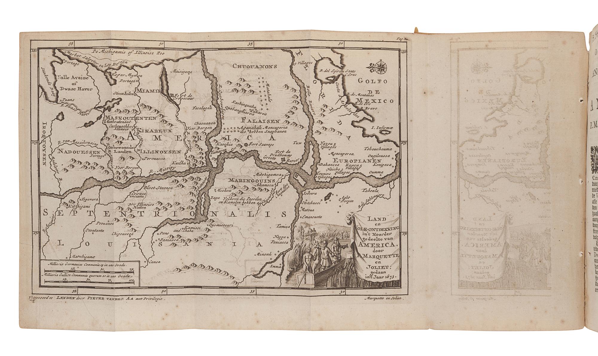 MARQUETTE, Jacques (1637-1675). Ontdekking Van eenige Landen en Volkeren, in 't Noorder-gedeelte Van America. Door P. Marquette en Joliet. Gedaan in het Jaar 167. Leiden: Pieter Vander Aa, 1707.