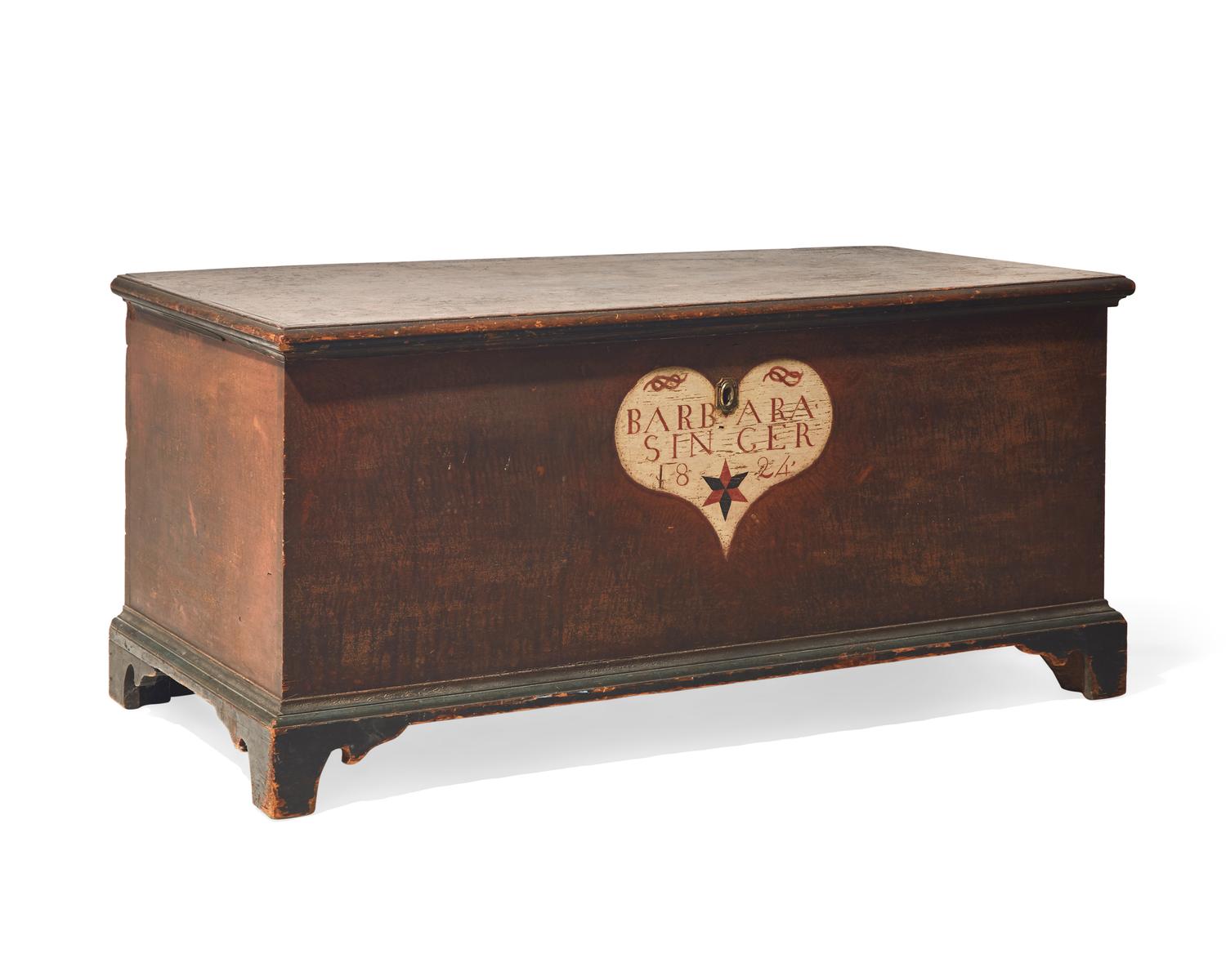 A Painted and Decorated Blanket Chest, probably Lancaster, Pennsylvania, Inscribed and Dated, "Barbara Singer 1824"
